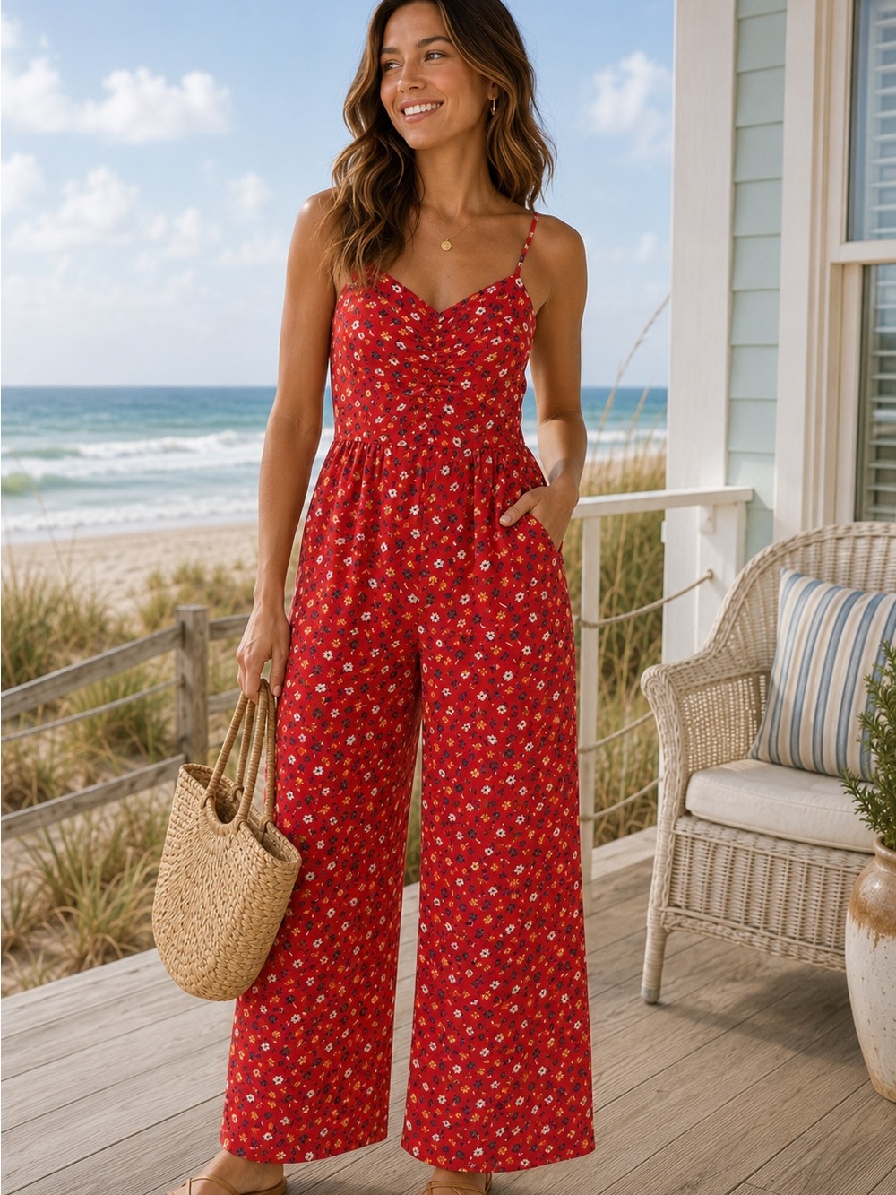 Madewell Red Floral Wide Leg Romper Jumpsuit Cottagecore Summer XXS